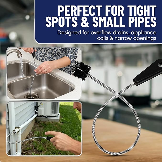 22" Long Sink Drain Cleaning Brush by FryOilSaver Co., Clog Remover for Small Spaces Perfect for Unclogging Sink, Toilet & Shower Drain, Drain Snake Hair Clog Remover, Tiny Pipe Cleaning Brush - B113C