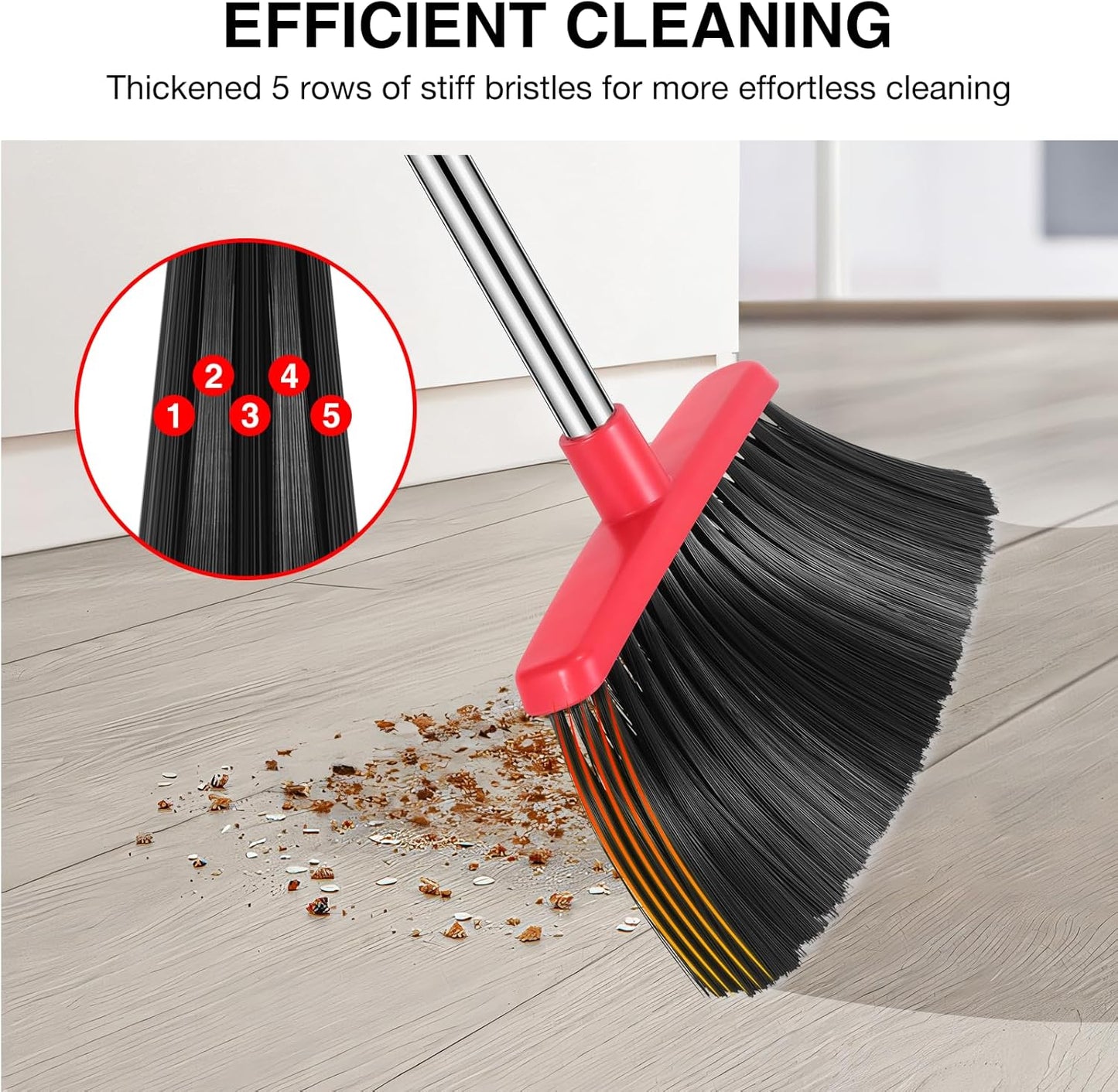 NACENA Broom and Dustpan Set, 52-in Long Adjustable Handle Broom Dustpan Combo with Dustpan Teeth to Automatically Clean Hair Suitable for Home Kitchen Office Hall Floor (Black&Red), 2 Pack