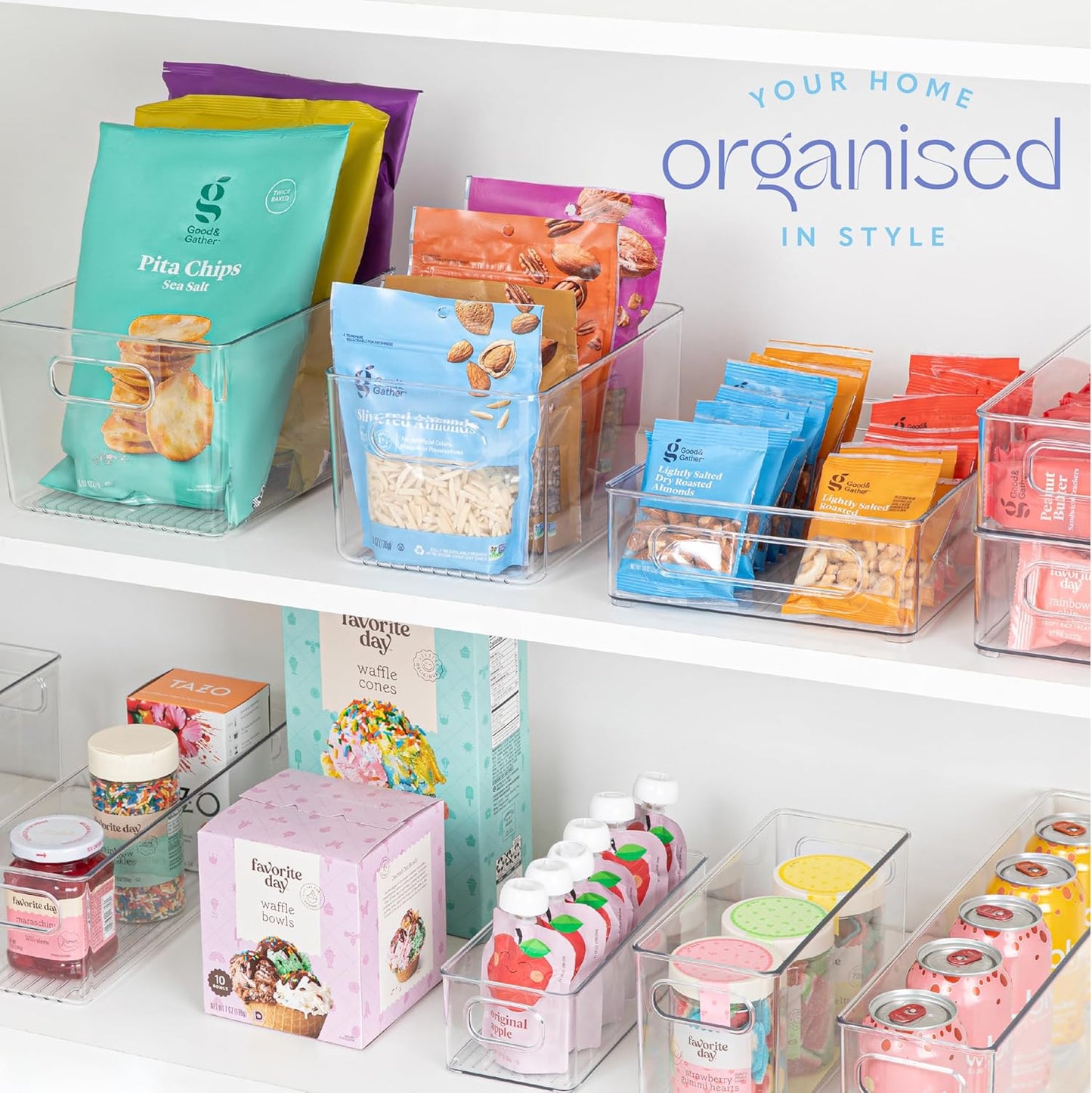 Plastic Food Storage 8 Pack Clear Container Bin with Handles for Organizing Kitchen, Pantry, Fridge, Freezer, Pantry,Bathroom. 10"x6"x5"