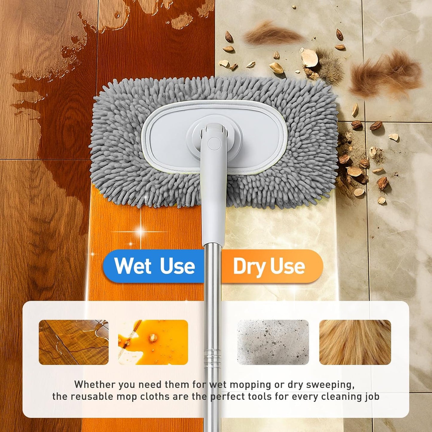 6PCS Reusable Mop Pads Fit for Flat Mops, Chenille Mop Refill Pads Washable Mop Covers, Household Replacement Mop Pads Wet & Dry Sweeping Cloths Mopping Pad Refills for Hardwood Floor Cleaning (Gray)