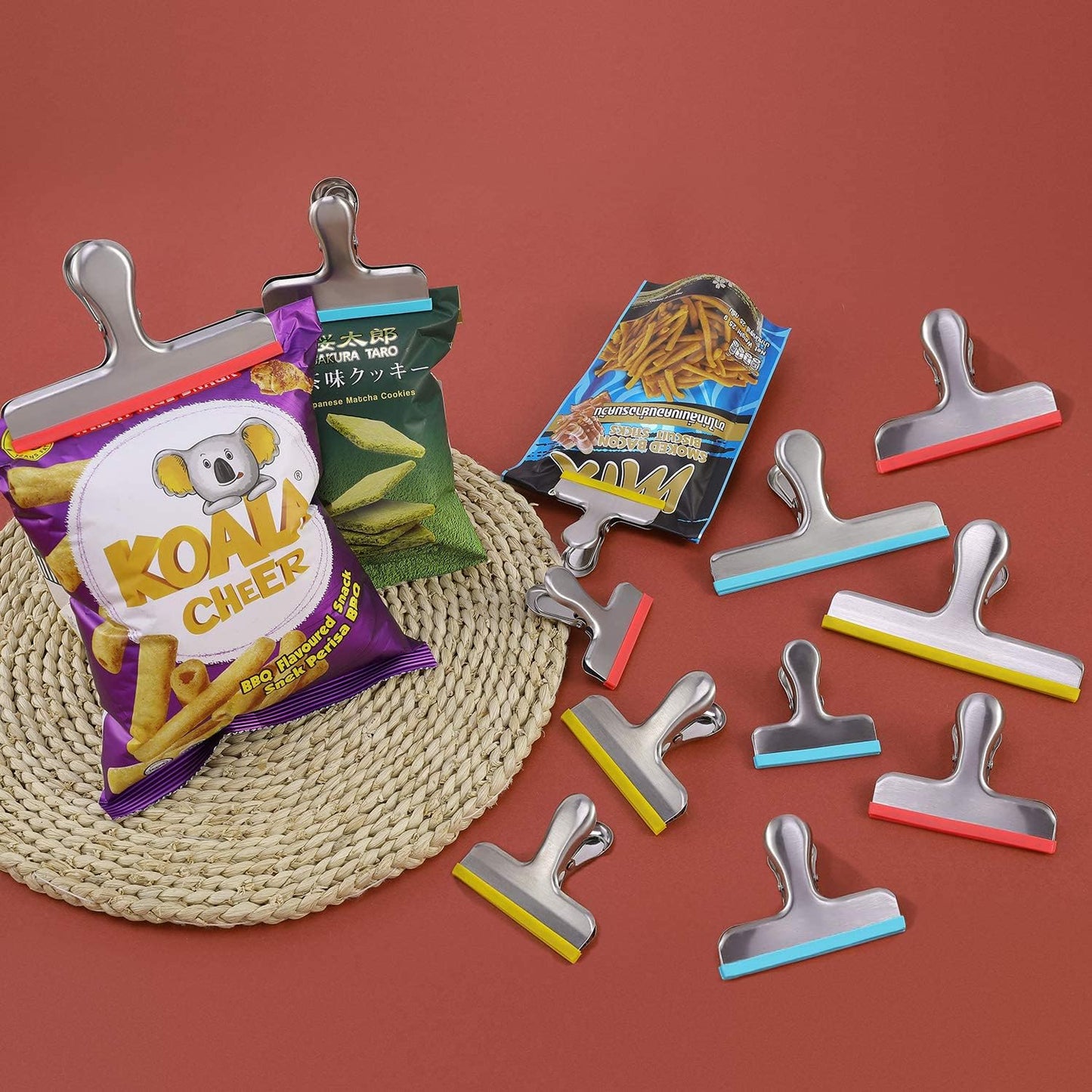 HOUSE AGAIN 12 Pack 3 Sizes Stainless Steel Chip Bag Clips Covered with Silicone - NO More Sharp Edges - Air Tight Seal Bag Clips, 5 Inches, 3 Inches and 2.5 Inches