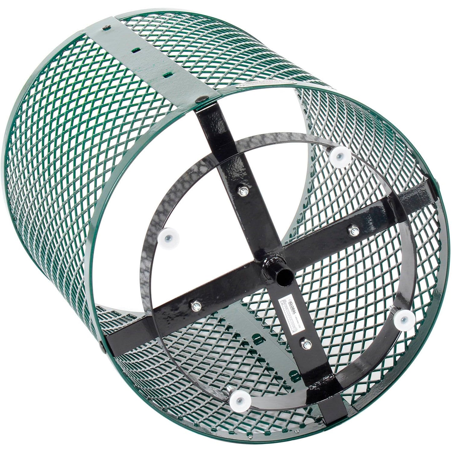 Global Industrial Outdoor Diamond Steel Trash Can with Rain Bonnet Lid, Raised Base and Plastic Liner, 36 Gallon Capacity, Green, Thermoplastic Coating, 23-1/2" Diameter, 43-1/2"H