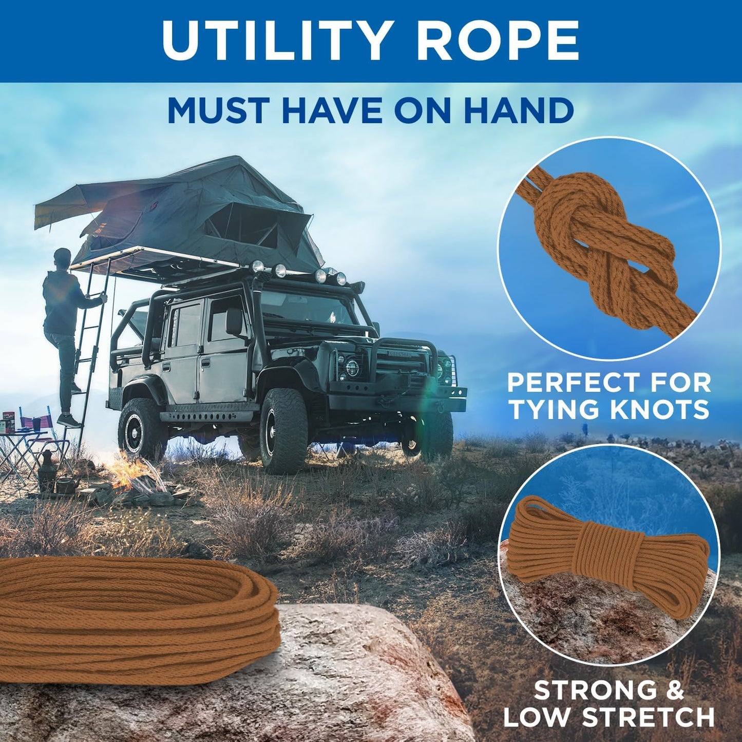 TECEUM Cotton Rope 3/16” (5 mm) – 50 FT – Strong All-Purpose Braided Rope – Natural Cotton – for Crafting, Сamping, Clothes Line, DIY, Indoor & Outdoor Use – Ochre