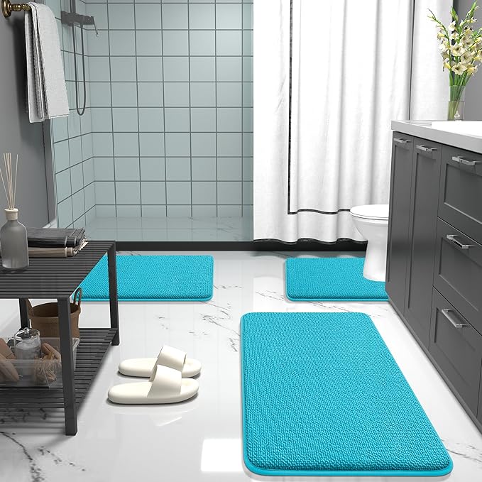 OLANLY Thick Memory Foam Bath Mat Rug 24x16, Extra Soft Absorbent Bathroom Rug, Quick Dry Bath Mats, Non-Slip, Machine Washable Carpet for Bathroom, Tub and Shower, Home Decor Accessories, Aqua Sky