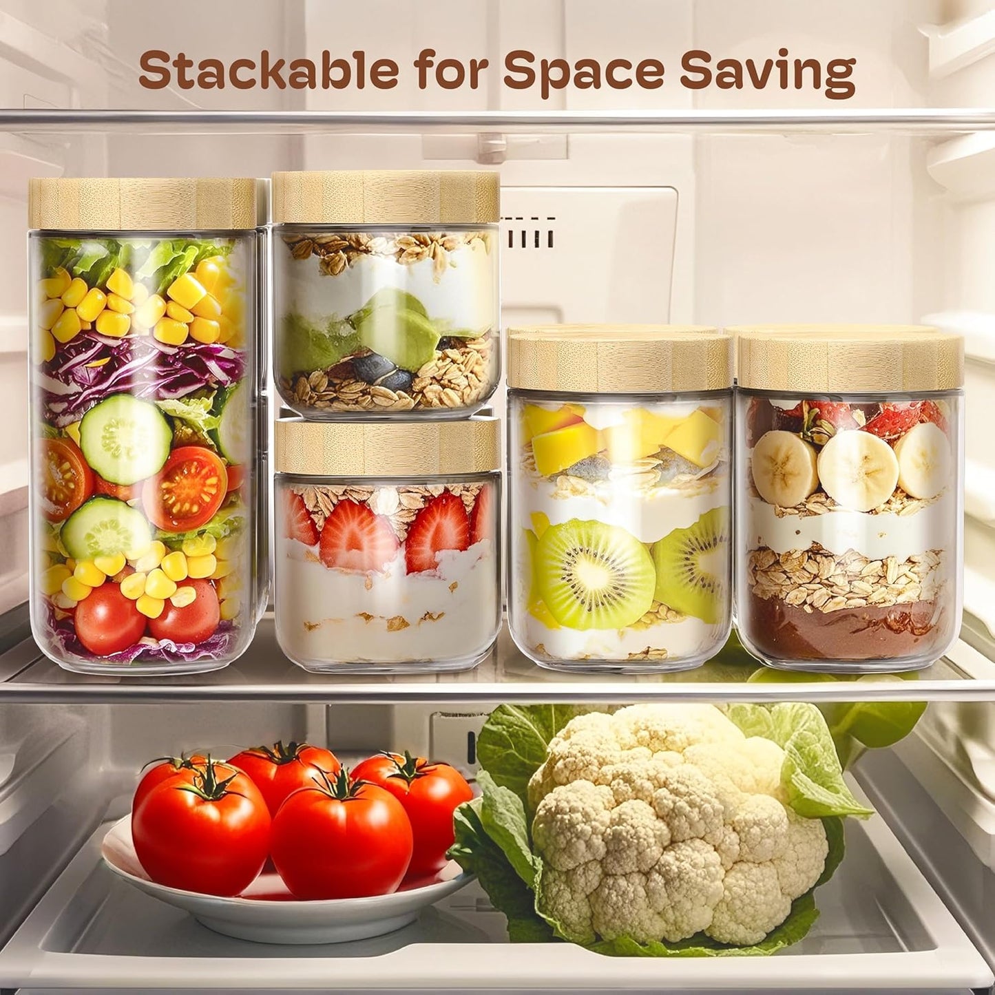 4 Pack 10oz Overnight Oats Containers with Bamboo Lids, Glass Jars with Airtight Lids for Meal Prep, Wide Mouth Mason Salad Jars, Glass Food Storage Container for Yogurt Chia Snacks Spice Sugar
