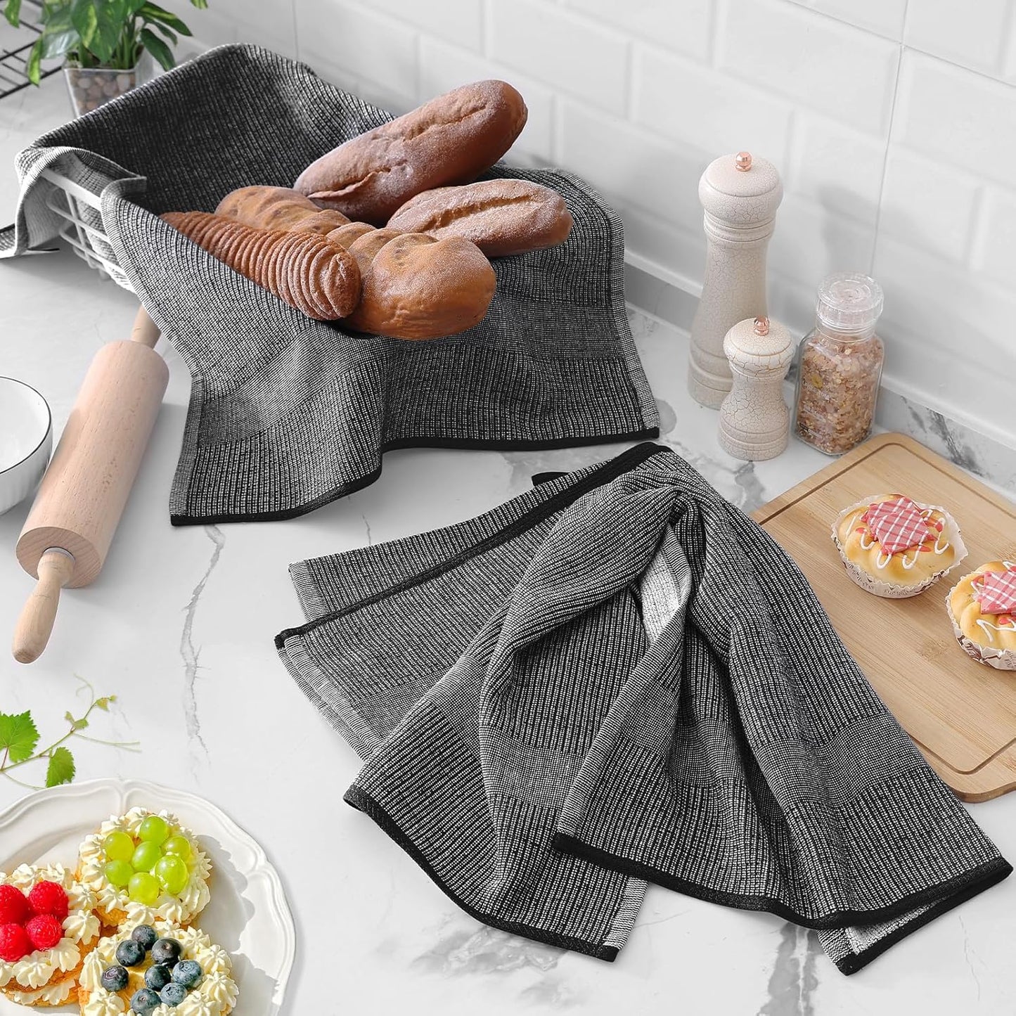 Homaxy Premium Kitchen Towels(18”x 28”, 6 Pack), Large Cotton Kitchen Hand Towels, Flat and Terry Dish Towels, 380 GSM Highly Absorbent Tea Towel Set with Hanging Loop, Navy Blue/Grey/Black