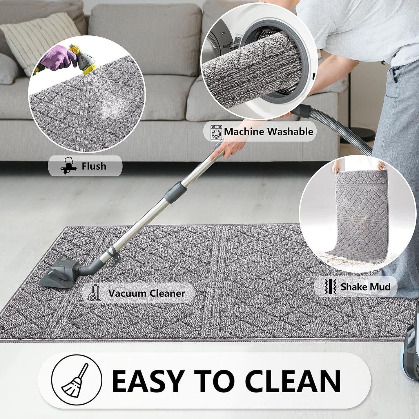 REFETONE Indoor Doormat, Front Back Door Mat 16"x24" Absorbent Rubber Backing Non Slip Door Mats, Low-Profile Resist Dirt Rugs, Machine Washable Door Rug Inside Floor Mat for Entryway, Light Grey