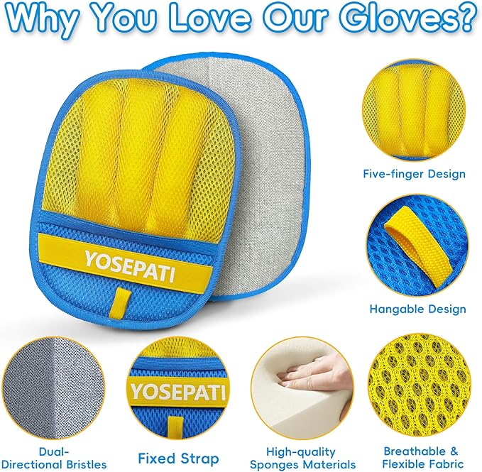 Thickened Ectrostatic Pet Hair Removal Glove for Cat & Dog, Upgraded Five-Finger Reusable Magic Brush Pet Hair Remover Tool for Couch, Clothing, Carpet & Car Seat (2Pcs-Blue & Yellow)
