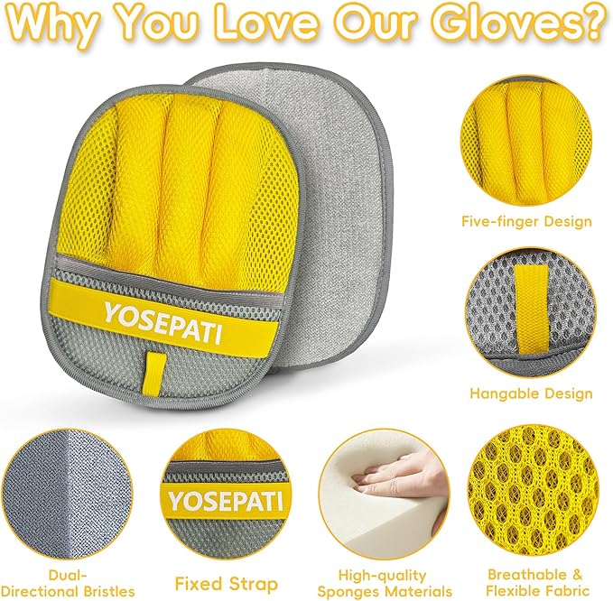 Thickened Ectrostatic Pet Hair Removal Glove for Cat & Dog, Upgraded Five-Finger Reusable Magic Brush Pet Hair Remover Tool for Couch, Clothing, Carpet & Car Seat (2Pcs-Grey & Yellow)