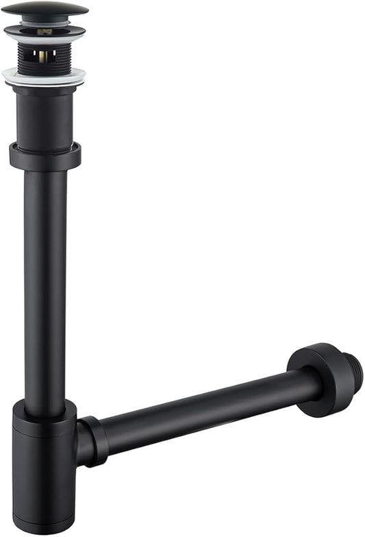 Brass Round Bottle P-Trap with Pop Up Drain Stopper with Overflow,1 1/4 Adjustable Basin Sink Waste Drain Trap Kit,Matte Black P Trap