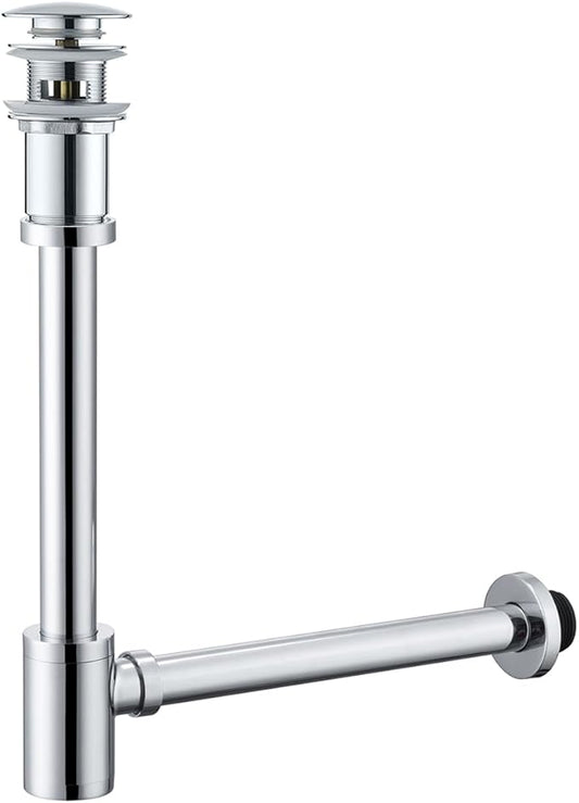 Brass Round Bottle P-Trap with Pop Up Drain Stopper with Overflow,1 1/4 Adjustable Basin Sink Waste Drain Trap Kit,Chrome P Trap