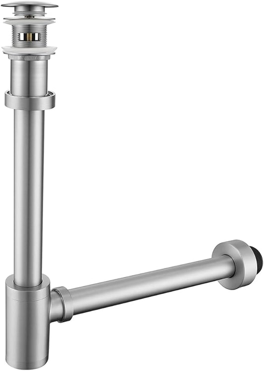 Brass Round Bottle P-Trap with Pop Up Drain Stopper with Overflow,1 1/4 Adjustable Basin Sink Waste Drain Trap Kit,Brushed Nickel P Trap