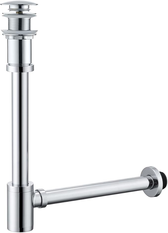 Brass Round Bottle P-Trap with Pop Up Drain Stopper,1 1/4 Adjustable Basin Sink Waste Drain Trap Kit without Overflow, Chrome P Trap