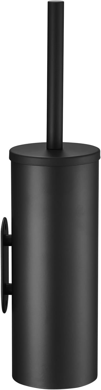 Toilet Bowl Brush and Holder, 304 Stainless Steel No-Punch Hook Base Dual Purpose Toilet Brush Holder with Removable Inner Bucket and Splash Cover - Soft Bristles (Black)