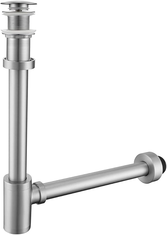 Brass Round Bottle P-Trap with Pop Up Drain Stopper,1 1/4 Adjustable Basin Sink Waste Drain Trap Kit Without Overflow,Brushed Nickel P Trap