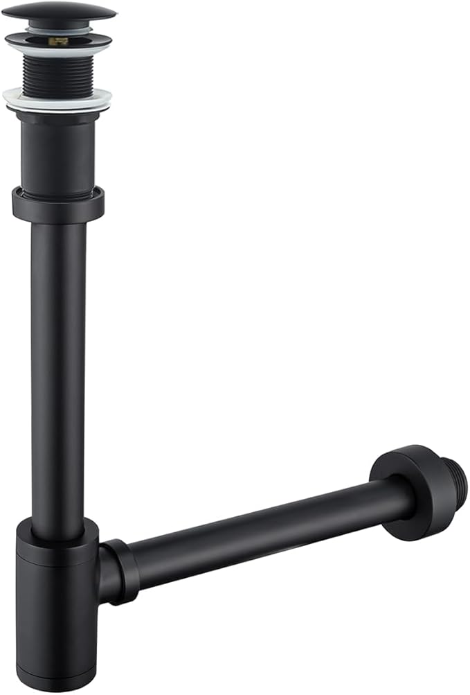 Brass Round Bottle P-Trap with Pop Up Drain Stopper,1 1/4 Adjustable Basin Sink Waste Drain Trap Kit Without Overflow, Matte Black P Trap