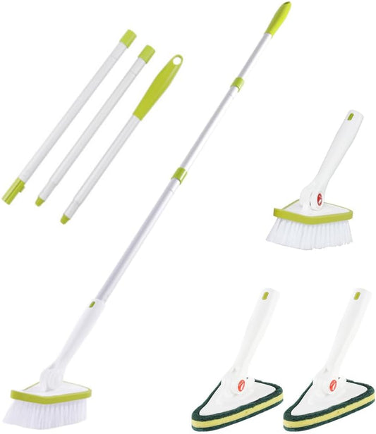 CQT 2 in 1 Bathroom Cleaning Brush with 48" Extendable Long Handle Detachable Scrub Brush with 2 Scrubber Heads and 2 Scouring Pad Head for Cleaning Bathtub Shower Bathroom Wall Bathtub Floor