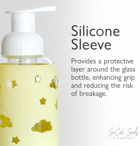 SoCal Suds & Company Glass Foaming Hand Soap Dispenser, Soft Grip Silicone Sleeve, Refillable Pump Bottle for Kids, Baby Wash & Shampoo, Ideal for Home Use, Light Yellow 8oz