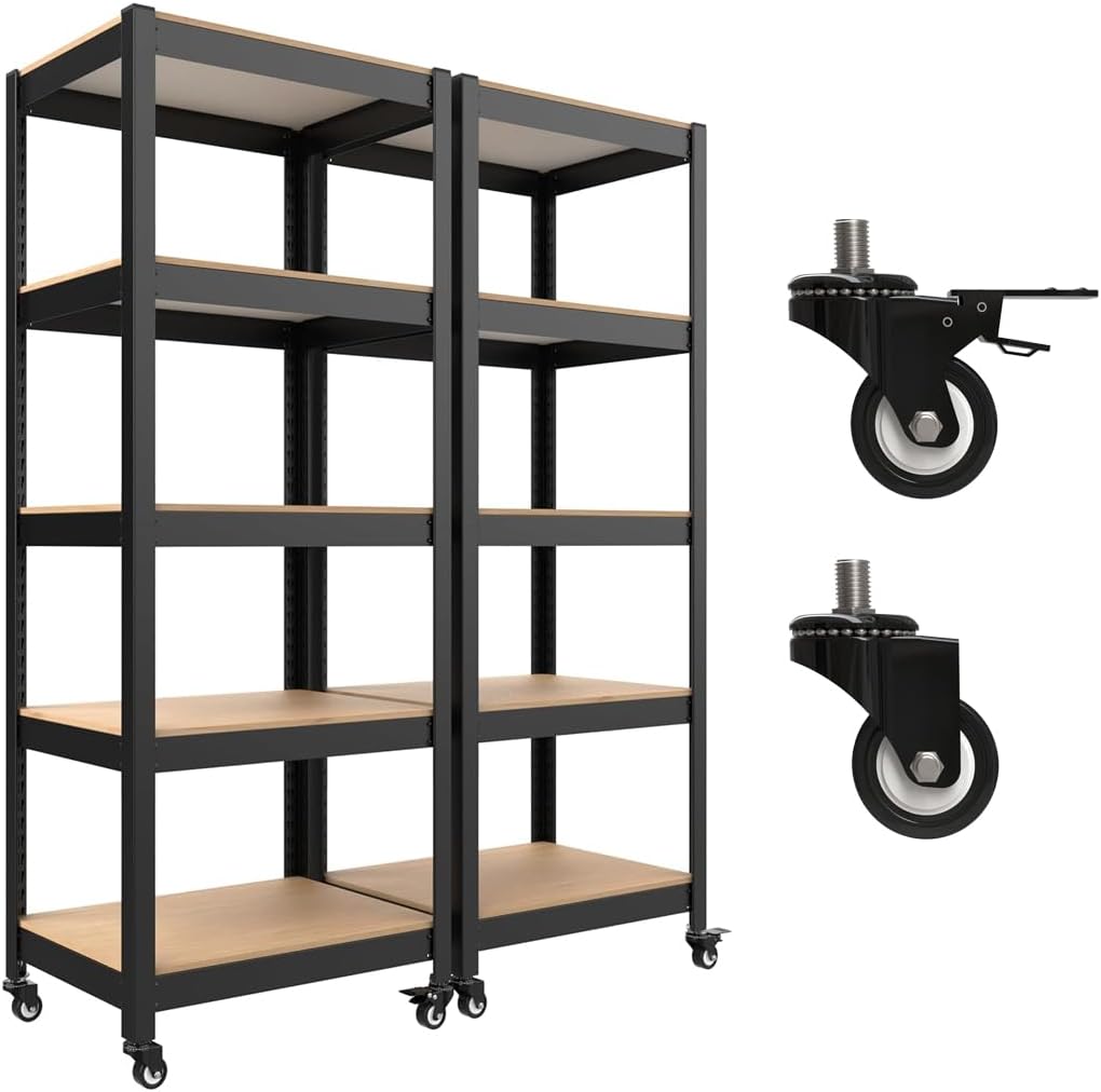 HOMEDANT House 5-Tier Metal Rolling Cart Shelf Rack Casters Heavy Duty Laminated Wheel Shelving Unit Adjustable Utility Storage Shelves Organizer Shelf Kitchen Garage 24.4" W x 16.5" D x 62.2" H 2Pack