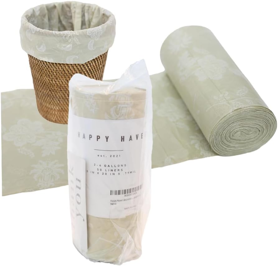 Happy Haven Bathroom Trash Bags for 2,3,4 Gallon Trash Can, Small Garbage Bags - Bedroom & Bathroom, Decorative Cute Wastebasket Liner - 50 Count (Beige Botanical)