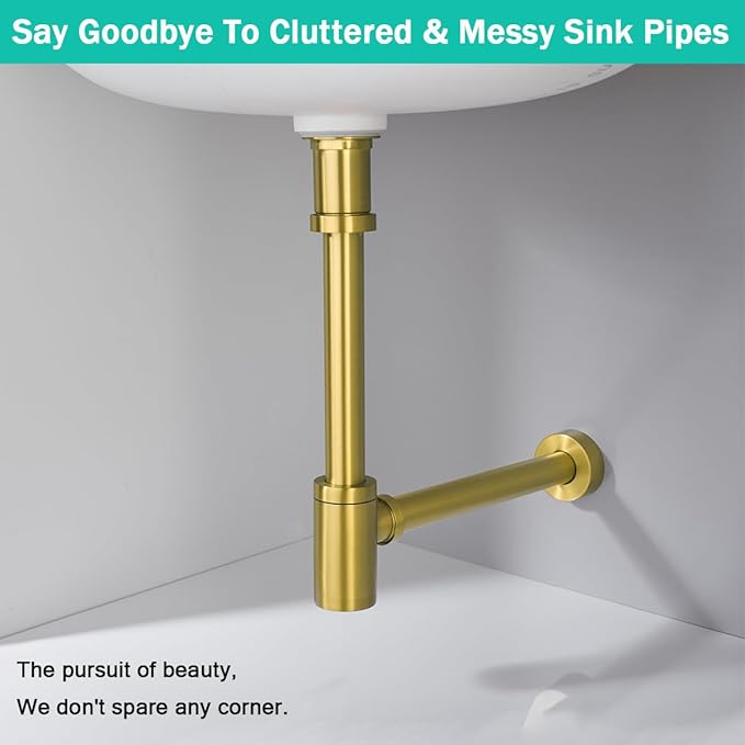 Brass Round Bottle P-Trap with Pop Up Drain Stopper with Overflow,1 1/4 Adjustable Basin Sink Waste Drain Trap Kit,Champagne Bronze P Trap