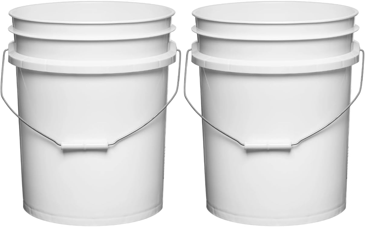House Naturals 5 Gallon Premium HPDE Plastic Bucket - Made in USA Food Grade Storage Container, BPA Free All Purpose Pail (2, White)