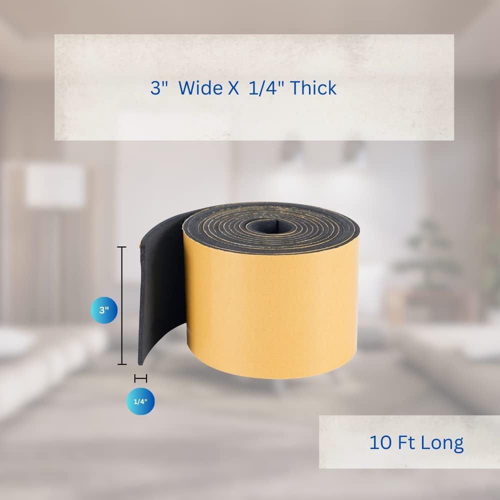 High Density Foam Weather Stripping Door Seal Strip Insulation Tape Roll for Insulating Door Frame, Window, Air Conditioner | Self Adhesive Sealing Weatherstrip (3 in x 1/4 in x 10 Ft, Black)