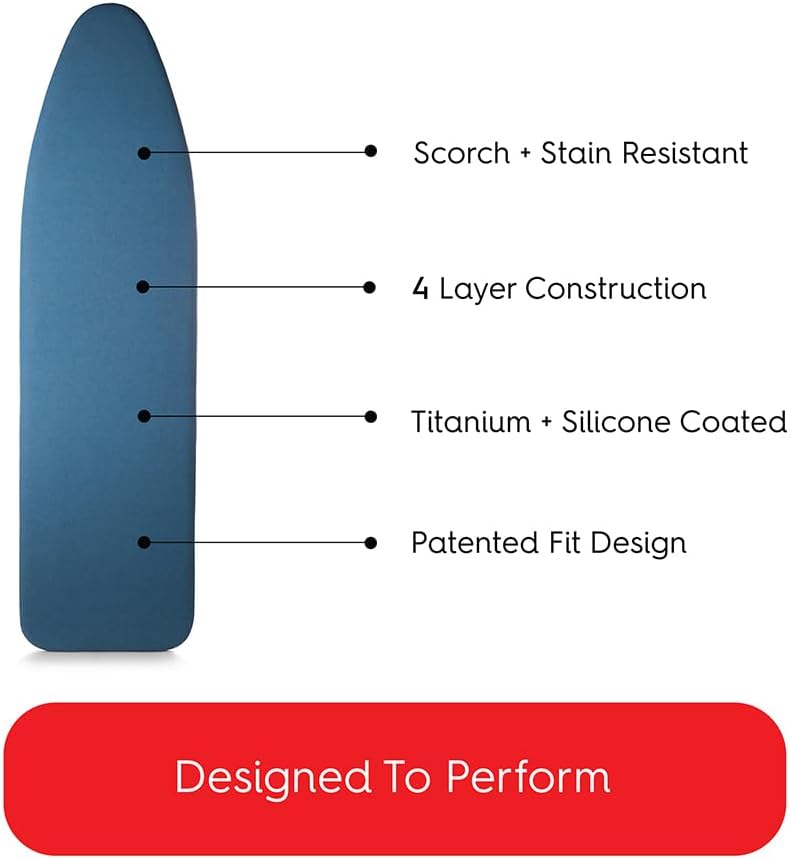 TIVIT Ironing Board Cover 20 x 58, Performance Grade Titanium Coated Pro Grip Pad & Covers - Superior Scorch & Stain Resistance, High Heat Reflection, 3 Padded Layers 3 Fastener Straps - Made In Italy