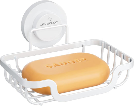 LEVERLOC Soap Dish, Soap Bar Holder for Shower Suction Cup Wall Mounted, Stainless Steel No-Drilling Removable Waterproof Sponge Holder for Bathroom Bathtub Kitchen Sink, Keep Dry, White