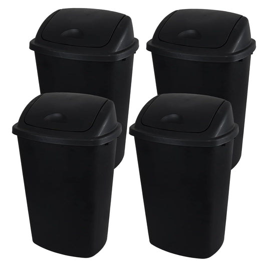 13 Gallon Garbage Can with Swing Lid, Plastic Kitchen Trash Can, 4 Pack, Black