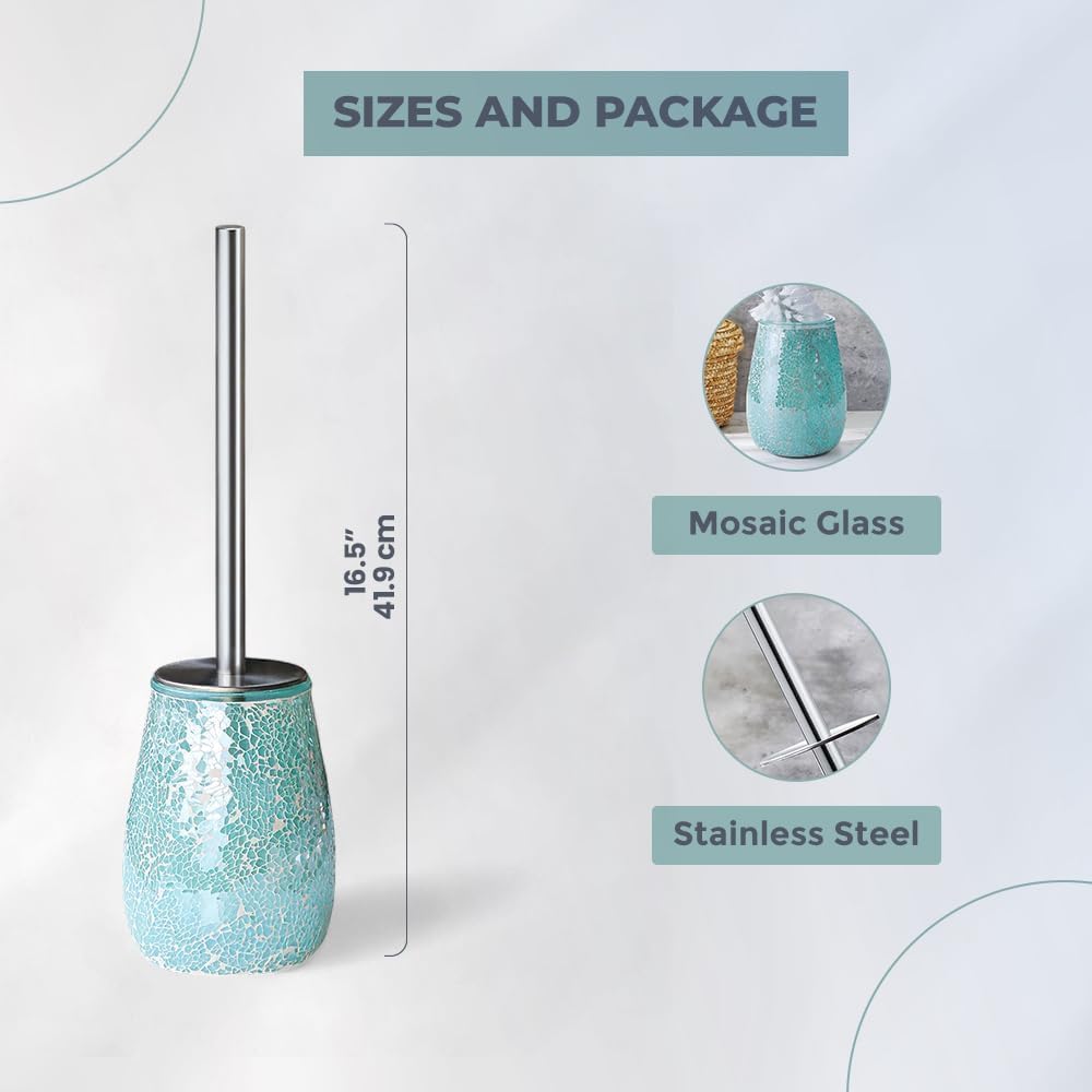 Escenzy Turquoise Green Toilet Brush and Holder Set Mosaic Glass | Non-Rustic Stainless Steel | Practical & Decorative Toilet Bowl Brush and Holder | Luxury Green Bathroom Accessories