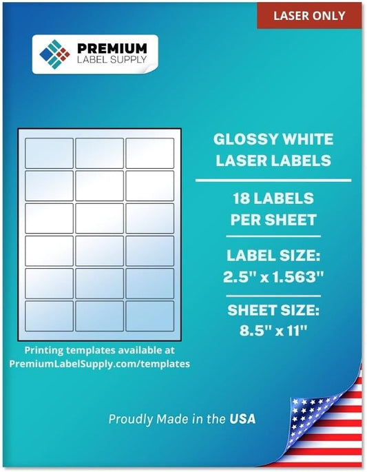 Premium Label Supply Glossy White Sticker Labels – 2.5" x 1.563" – (18 per Sheet) (Glossy White for Laser Only, 180 Labels)