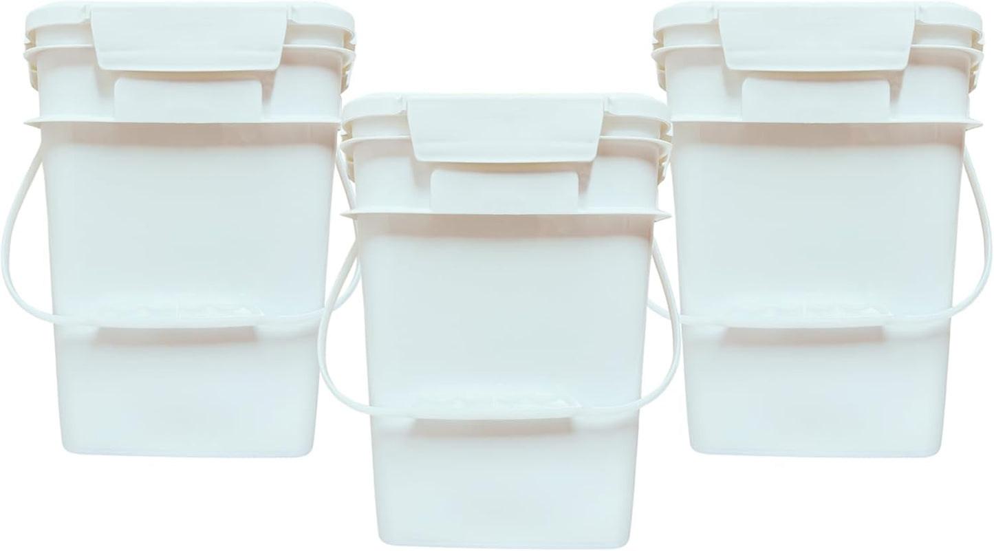 House Naturals 4 Gallon Square Food Grade Bucket Pail with Plastic Handles and Lid (Pack of 3) Made in USA containers (White)