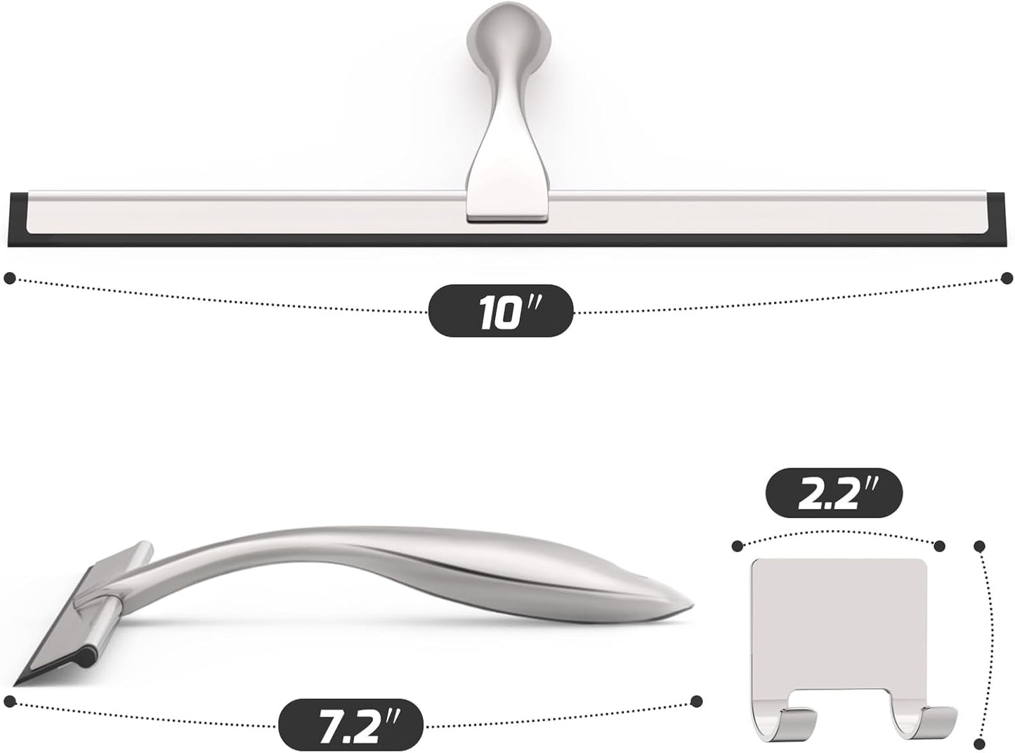 All-Purpose Stainless Steel Shower Squeegee for Glass Doors with Adhesive Hooks, Squeegee for Shower Glass, Bathroom Household Cleaner Tool for Window Mirror Tile Wall Car, 10 Inch Silver