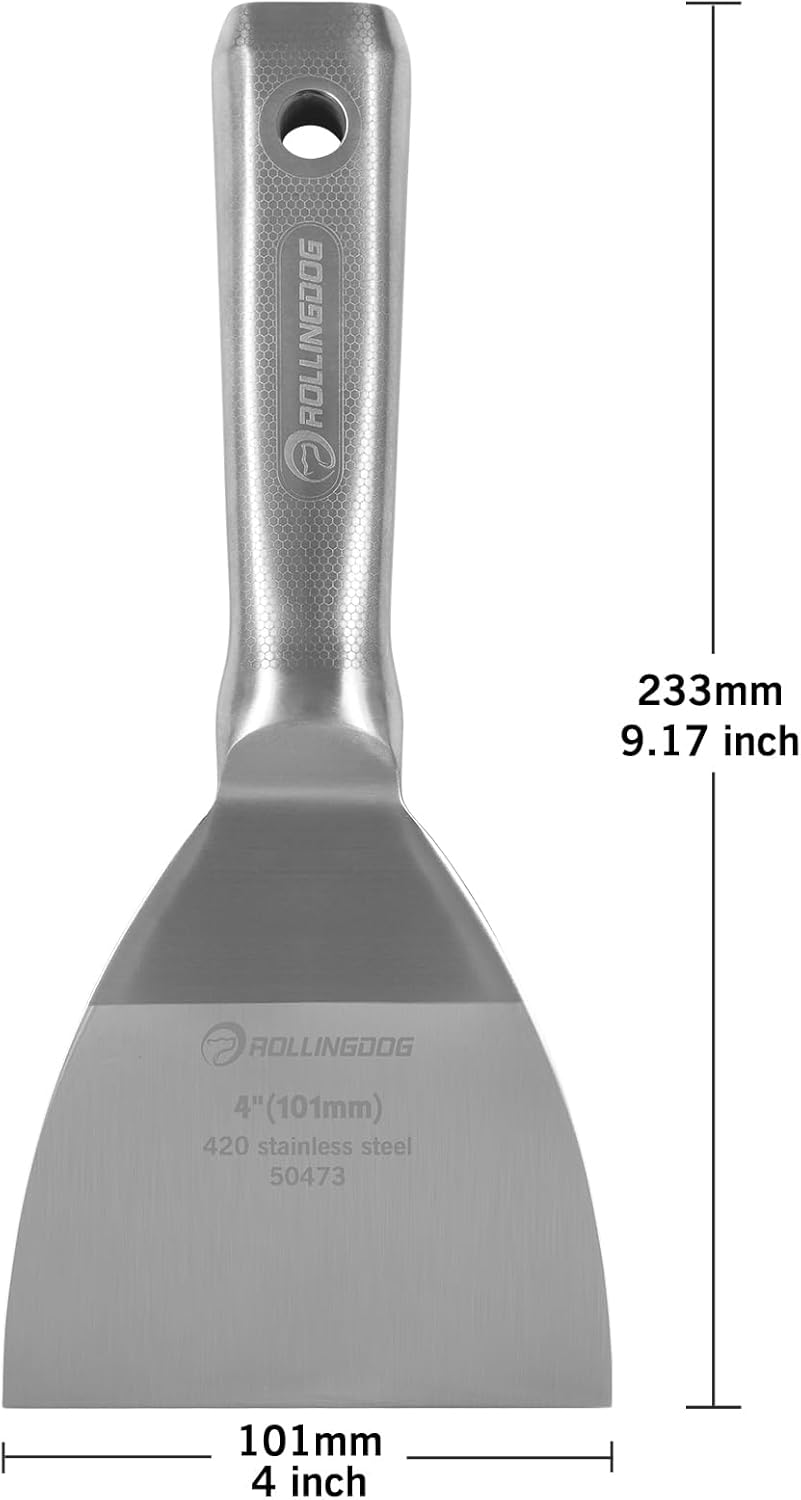 ROLLINGDOG 4 inch Putty Knife - Paint Scraper Drywall Knife with 420 Stainless Steel One Piece irror Polished Blade for Scraping Paint, Taping