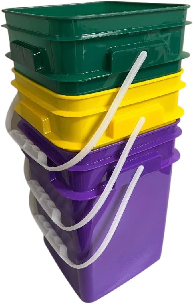 House Naturals 4 Gallon Square Food Grade Bucket Pail with Plastic Handles and Lid (Pack of 3) Made in USA containers (Yellow/Purple/Dark Green)