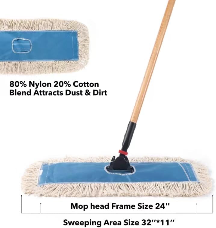 Matthew Cleaning 24'' Industrial Strength Cotton Dust Mop Refill Washable Replacement Heads for Residential & Commercial Use Fit Standard Dust Mop Frames, Hardwood,Concrete Floors Blue&White 12 Pack