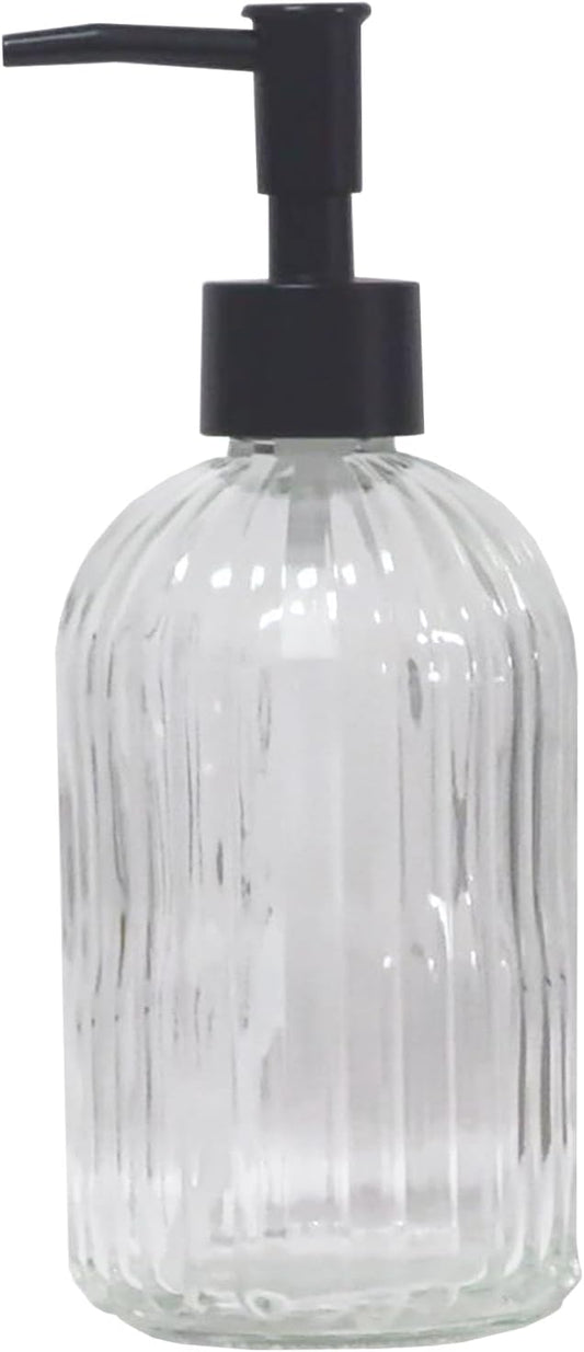Clear Glass Soap Dispenser with Black Plastic Pump, 13.5oz Refillable Liquid Hand Soap Dispenser, Lotion Dish Soap Dispenser for Modern Home Decor, Bathroom, Kitchen Countertop, Hotel
