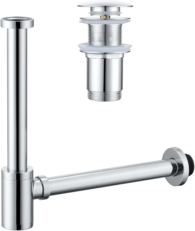 Brass Round Bottle P-Trap with Pop Up Drain Stopper,1 1/4 Adjustable Basin Sink Waste Drain Trap Kit without Overflow, Chrome P Trap