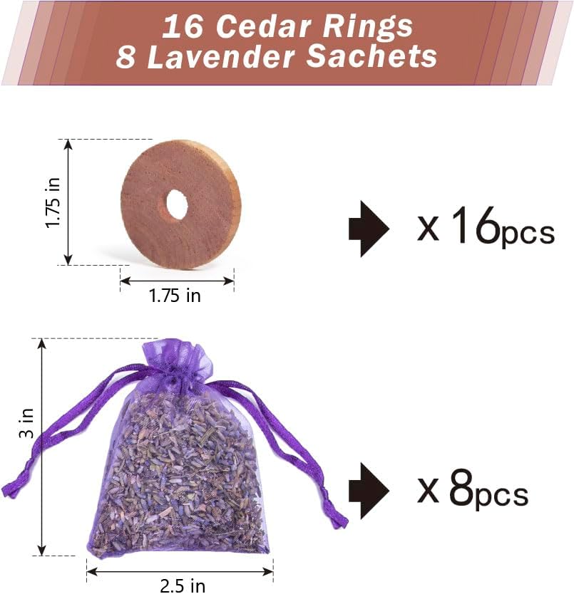 Pack of 16 Cedar Blocks and 8 Lavender Flower Sachets Craft Bag, Drawer Freshener, Linen, Shower Favor, Wedding and More, LV-E-LC-1