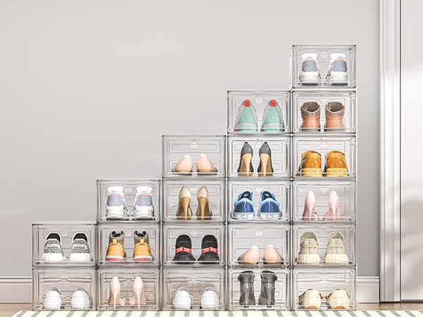 Upgrade Harder Solid Plastic Shoe Organizer, Shoe Storage with Magnetic Front Door, Shoe Rack 6 Pack Shoe Boxes Clear, Sneaker Storage, Shoe Organizer for Closet, Shoe Display Case, Black