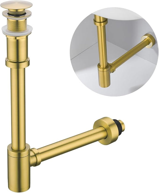 Brass Round Bottle P-Trap with Pop Up Drain Stopper,1 1/4 Adjustable Basin Sink Waste Drain Trap Kit without Overflow, Champagne Bronze P Trap