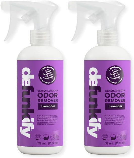 Odor Remover Spray, 16oz (2-Pack). 'Lavender' Essential Oil Odor Eliminator for Strong Odors on Fabric, Shoes, Activewear. 'ProvenSafe' Deodorizer for Pets, Kids & Sensitive Gear w/Ionic Silver