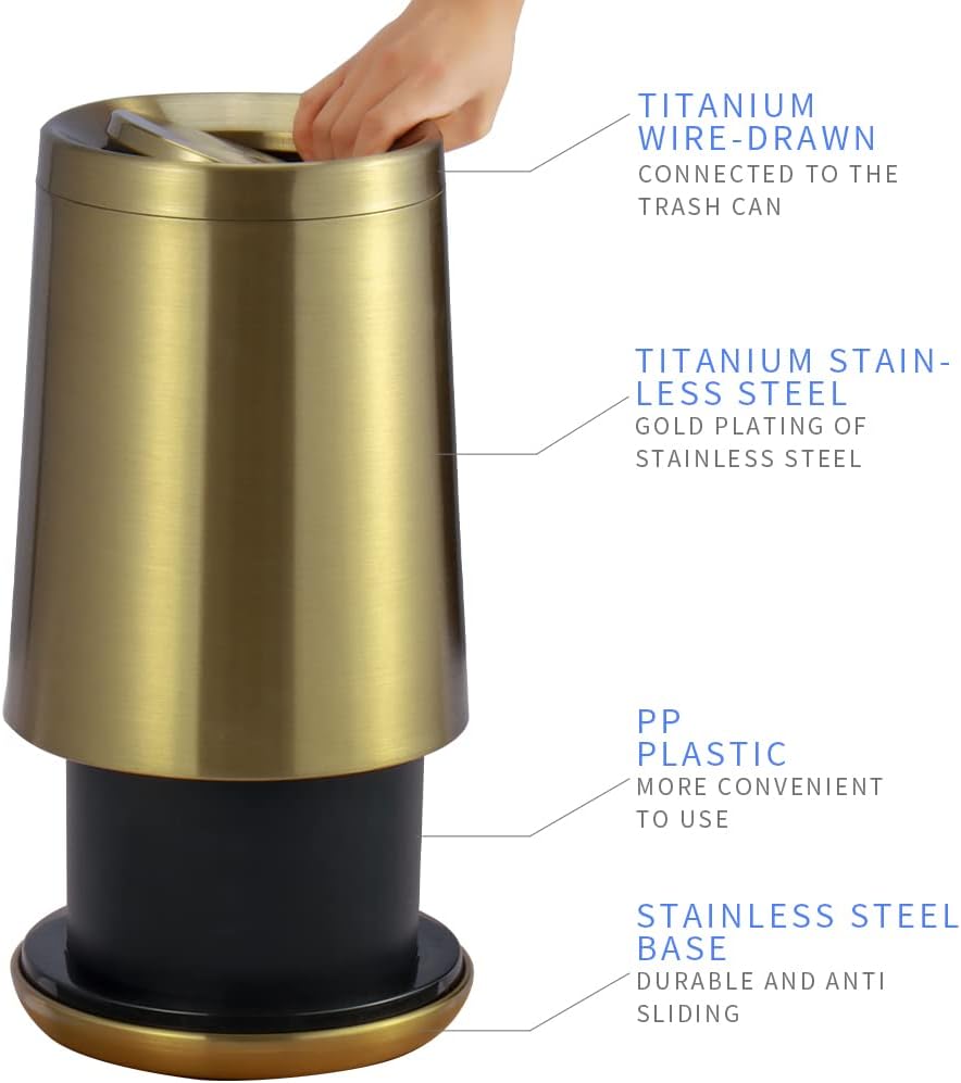 Household Swing Gold Bathroom Trash Can，Brushed Stainless Steel，10 L/3 Gallen，Garbage Can with Flipping Lid， for Indoor or Commercial Use, Kitchen,Modern，Living Room,Bedroom