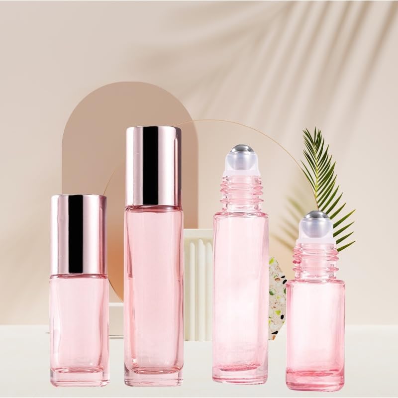 10 Pack Glass Essential Oil Roller Bottle,10ml Pink GlassRoller Bottles with Stainless Steel Roller Balls,Refillable Massage Roller Bottle Perfume Bottles for Travel