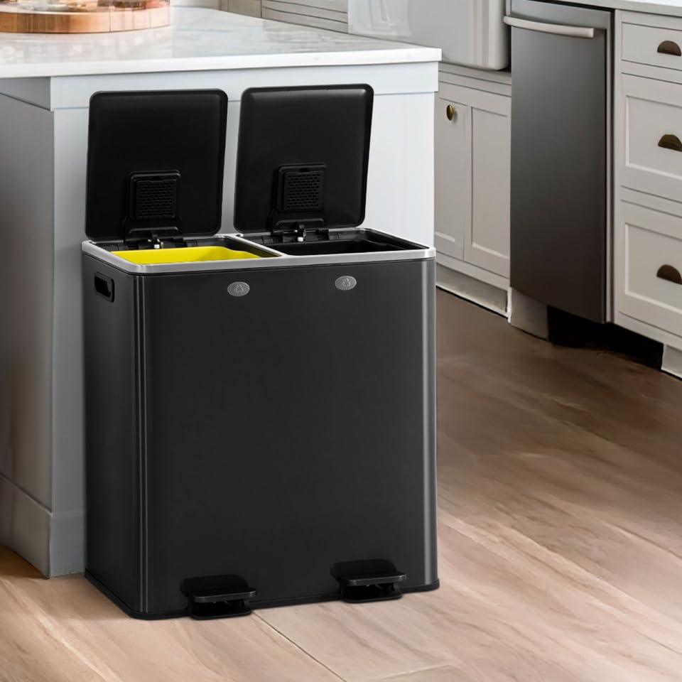CAPHAUS Black Dual Trash Can w/Double Lid, Trash & Recycle Bins Combo, Hands-Free Stainless-Steel Garbage Can for Kitchen, with 2 Compartment, Hinged Lid, Odor Filters, Handles, 30L+30L, 2 x 8 Gal