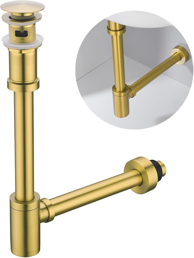 Brass Round Bottle P-Trap with Pop Up Drain Stopper with Overflow,1 1/4 Adjustable Basin Sink Waste Drain Trap Kit,Champagne Bronze P Trap
