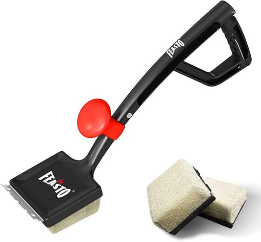 Grill Brush with Steam and 2 Replacement Brush Heads, 6-in-1 Bristle-Free with Interwoven-Tech & Thermal-Sensitive Sponge, Stainless Steel Scraper, 360° Rotating Knob, Bottle Opener