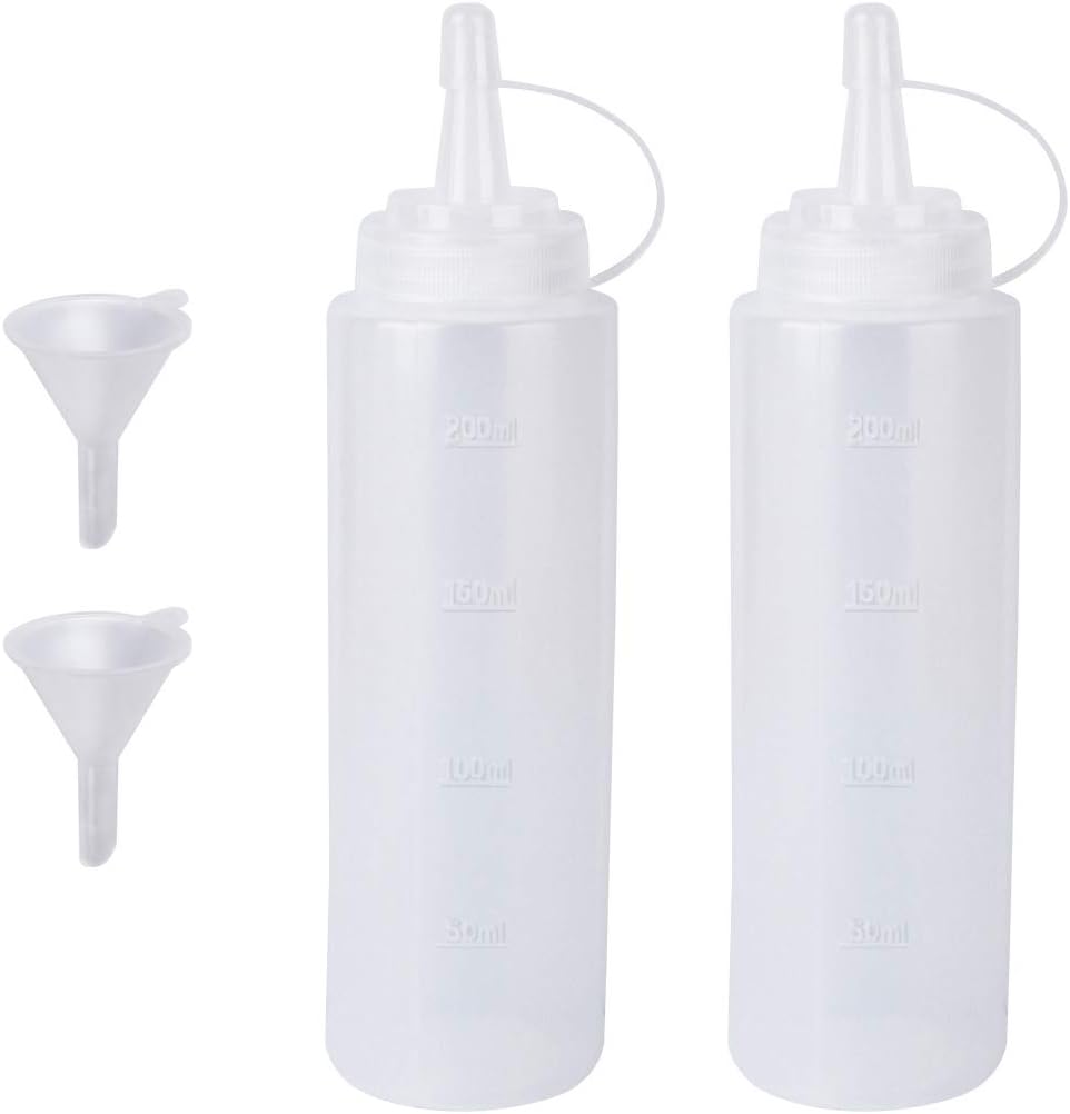 2 Pack 8oz Plastic Sauce Bottle Squeeze Squirt with Cap, Ketchup Dispenser, Leakproof Lids, Funnel Included
