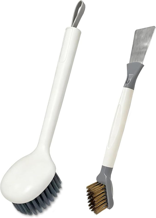 2-Piece Set Handheld Dish Brush with Brass Scrubber and Steel Scraper for Stubborn Grease - Dual-Head Cleaner for Pots, Pans, Stovetop, Sink